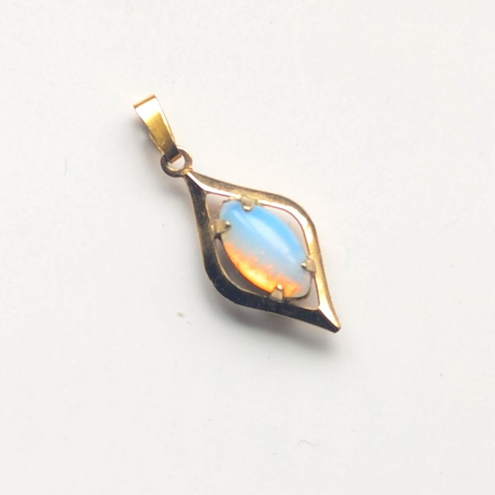 Vintage Gold Tone Prong Set Faux Opal Teardrop Mini Charm Necklace Pendant